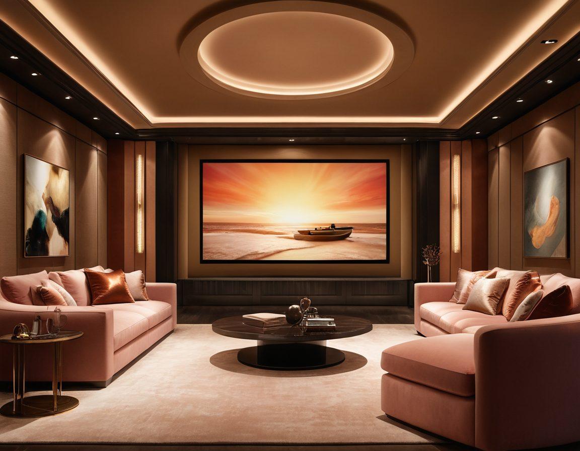 A sophisticated and elegant scene showcasing a luxurious home theater setup with plush seating, ambient lighting, and a large screen displaying tasteful abstract art, reflecting intimacy and sensuality. Include subtle hints of adult cinema through decorative elements like stylish film reels and soft fabrics. A warm color palette to evoke a cozy and inviting atmosphere. super-realistic. vibrant colors.